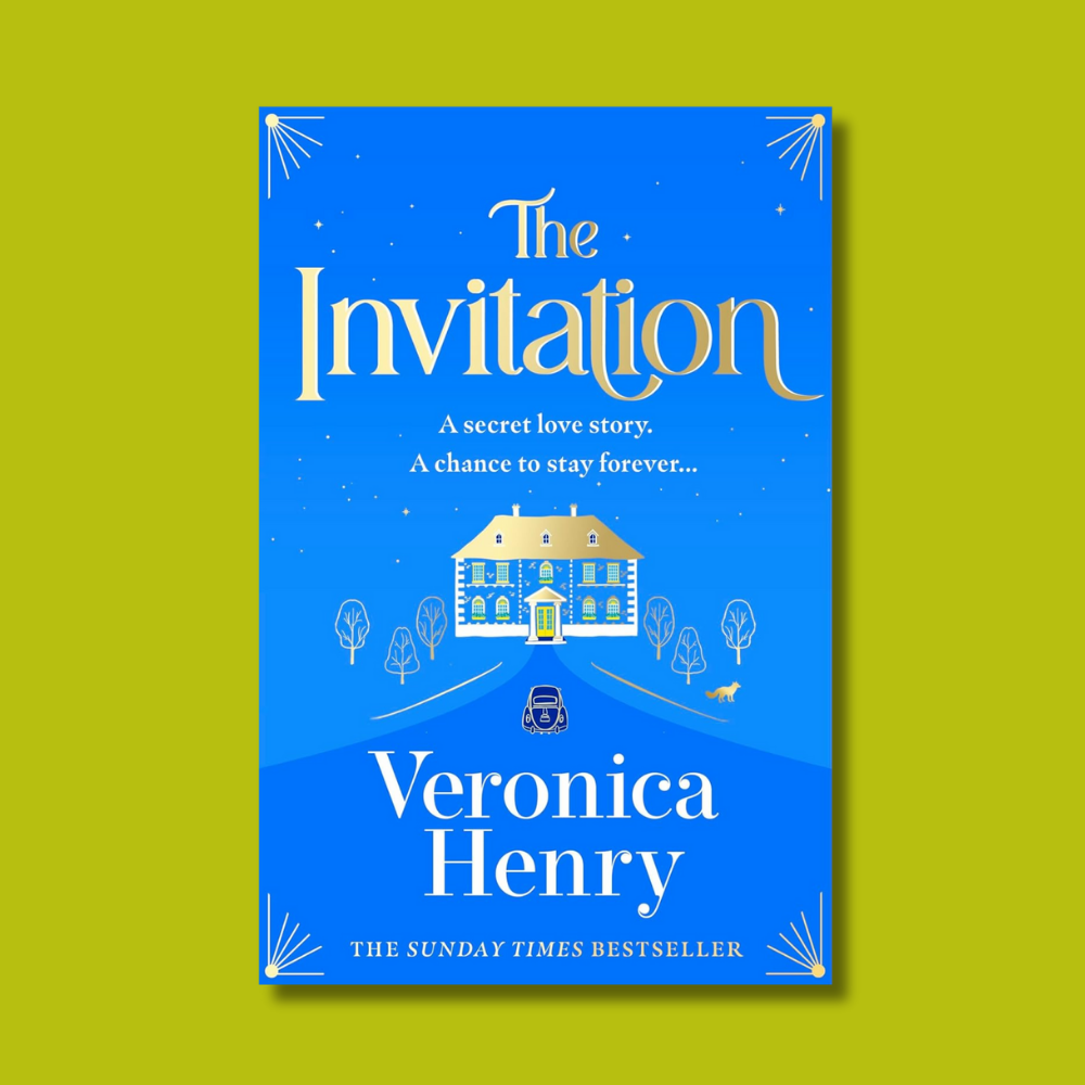 Cover of The Invitation by Veronica Henry, an illustrated blue book cover promoting a Devon library author tour.