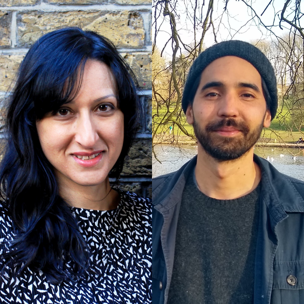 A headshot of two people. One against brickwall, one in outside.